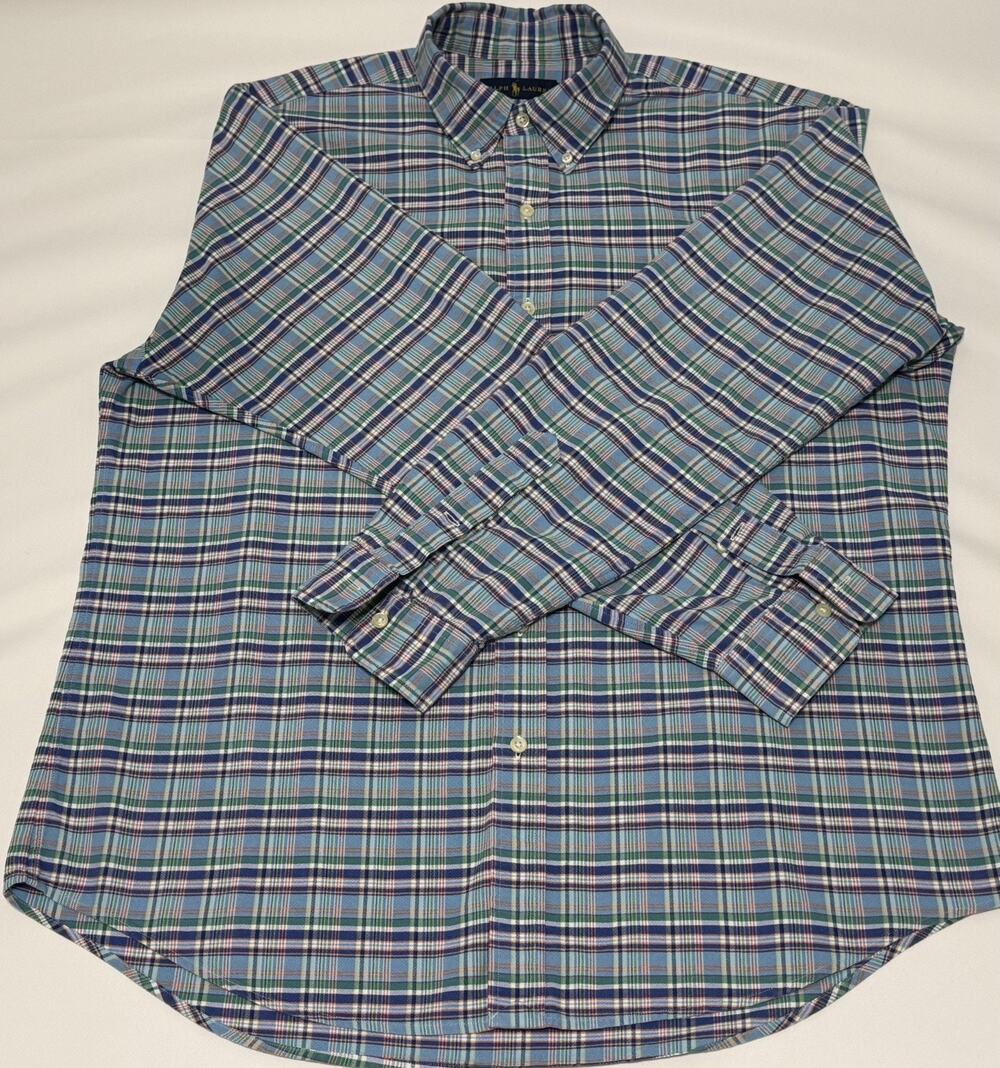 Ralph Lauren Button Down Shirt Large Men’s Plaid Preppy Flesh Pony Long Sleeve